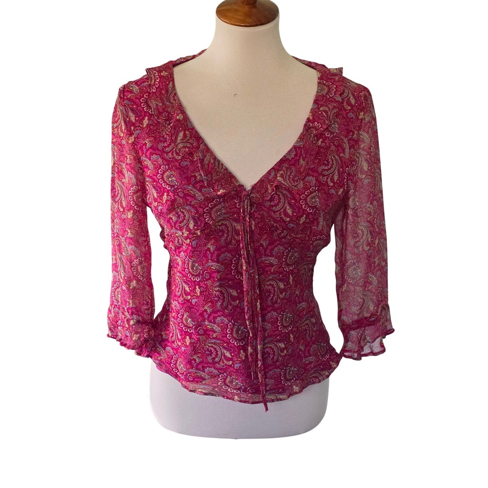 Y2K vtg Alice & trixie Pink Paisley Silk Tie Front Ruffle Blouse 3/4 Sleeve Top
